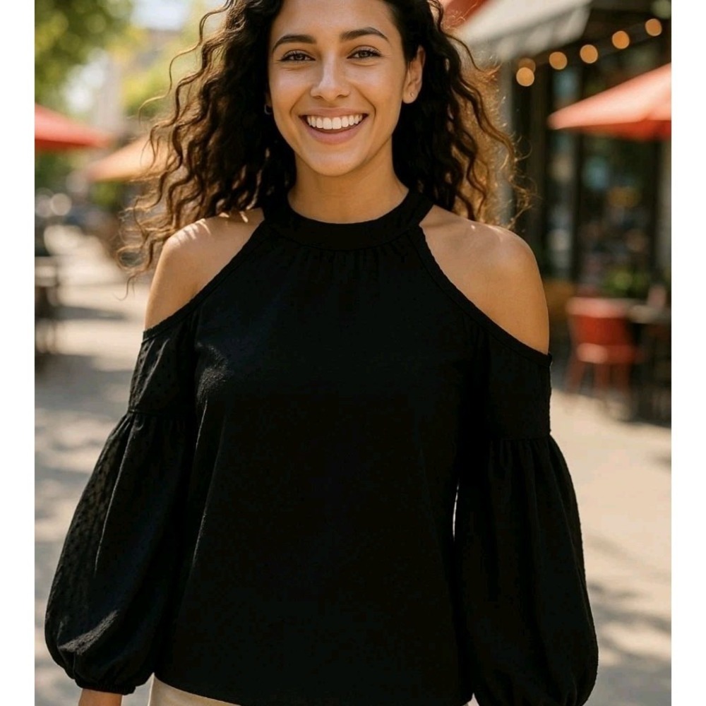 NWT CeCe Women's XS Black Cold Shoulder Blouse Swiss Dot Puff Sleeve Lined Top